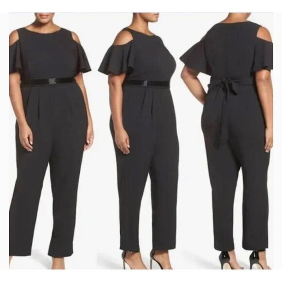 Eliza J Women Black Cold Shoulder Self-Belted Jumpsuit with Pockets Size 14 - Picture 1 of 12